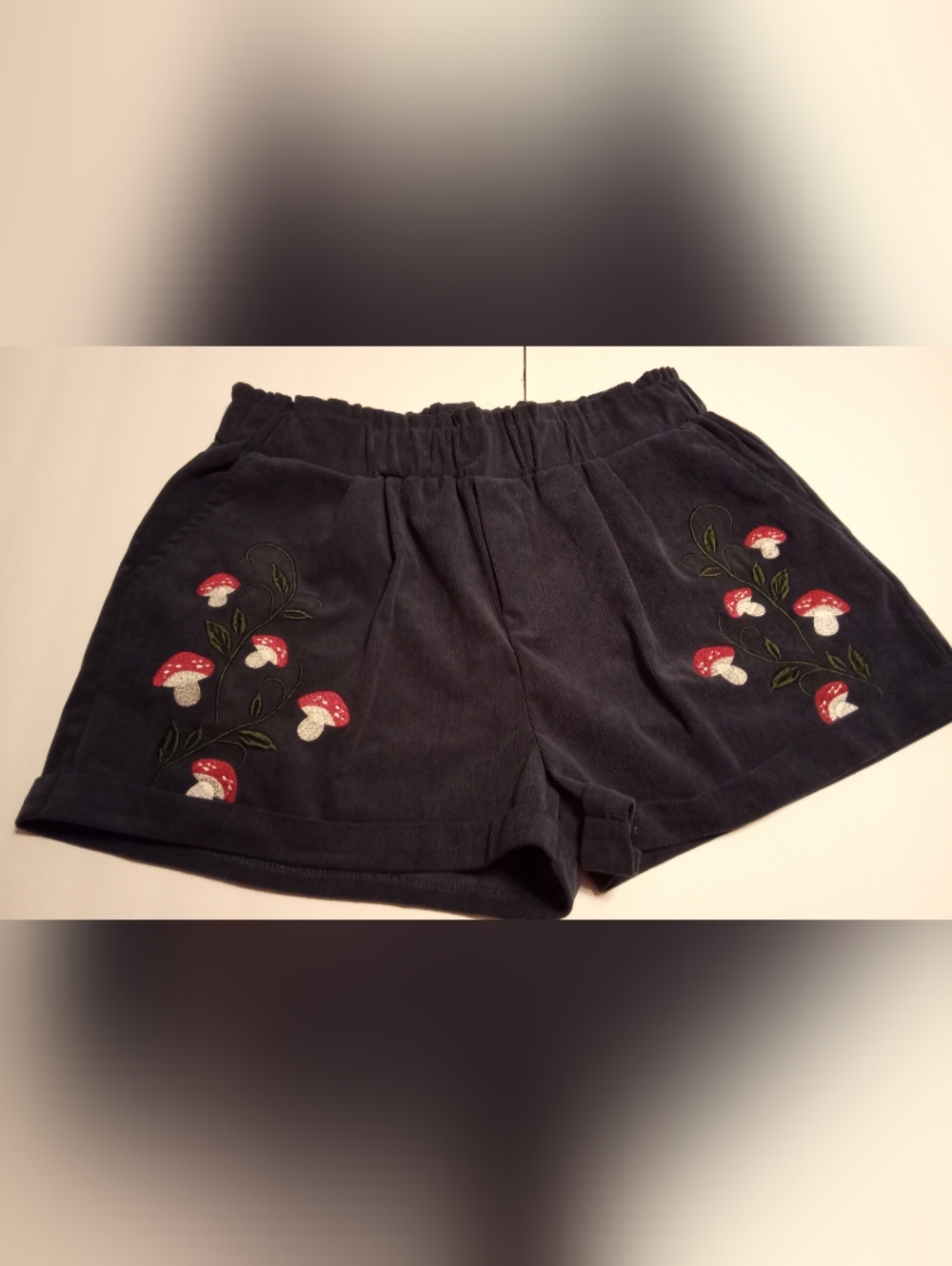 Corduroy Dark Navy Blue Women's Shorts with Mushroom Embroidery